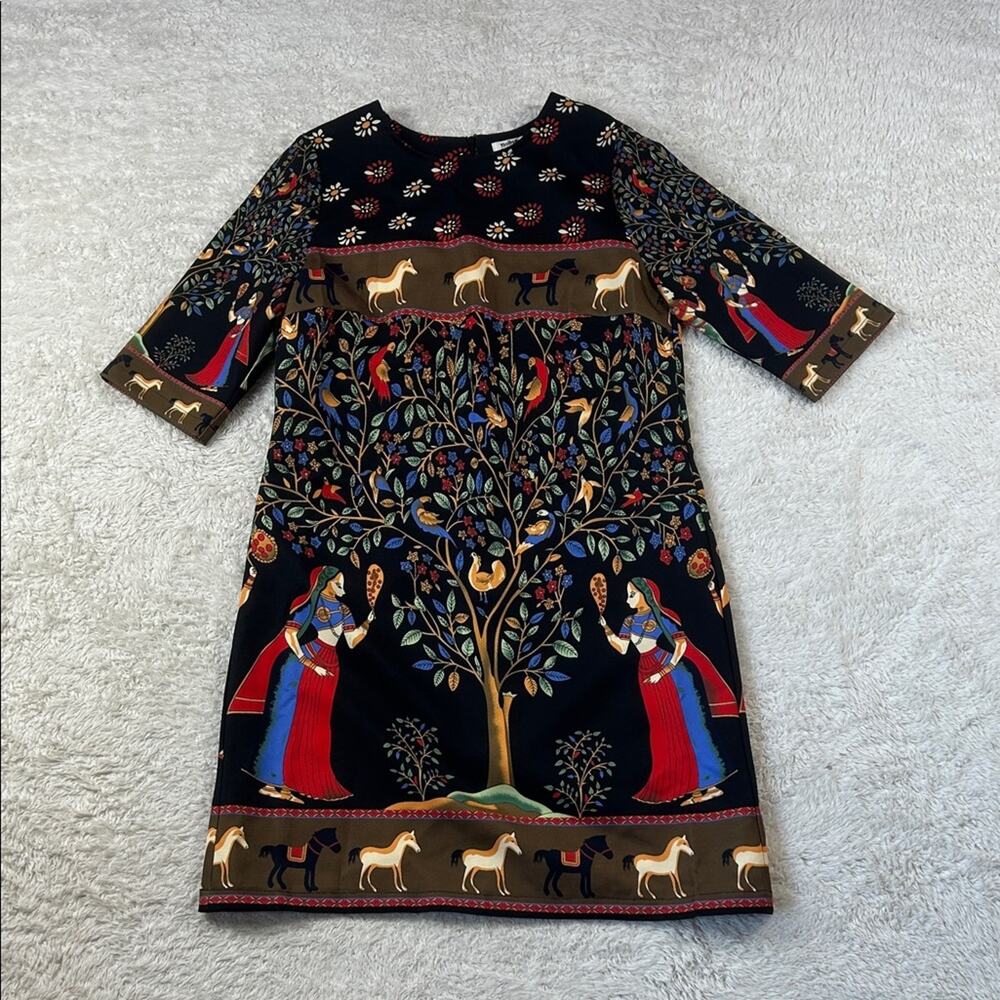 Molly Bracken horse and peasant folk novelty print shift dress, size small